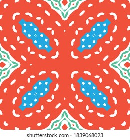 Mexican ornamental talavera ceramic. Stylish design. Vector seamless pattern theme. Red vintage backdrop for wallpaper, web background, towels, print, surface texture, pillows.