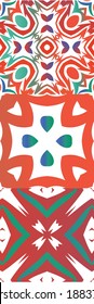 Mexican ornamental talavera ceramic. Stylish design. Collection of vector seamless patterns. Red vintage backdrops for wallpaper, web background, towels, print, surface texture, pillows.