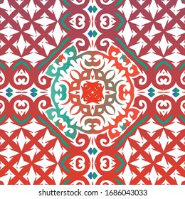 Mexican ornamental talavera ceramic. Universal design. Vector seamless pattern flyer. Red vintage backdrop for wallpaper, web background, towels, print, surface texture, pillows.