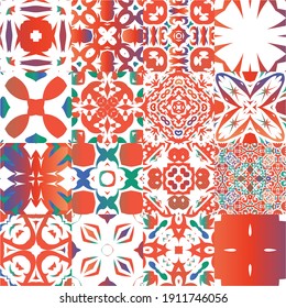 Mexican ornamental talavera ceramic. Universal design. Set of vector seamless patterns. Red vintage backdrops for wallpaper, web background, towels, print, surface texture, pillows.