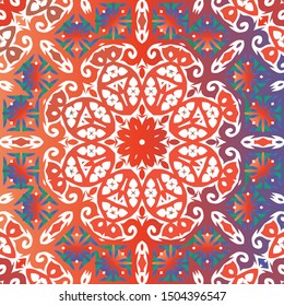 Mexican ornamental talavera ceramic. Vector seamless pattern flyer. Bathroom design. Red vintage backdrop for wallpaper, web background, towels, print, surface texture, pillows.