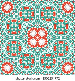 Mexican ornamental talavera ceramic. Vector seamless pattern arabesque. Hand drawn design. Red vintage backdrop for wallpaper, web background, towels, print, surface texture, pillows.