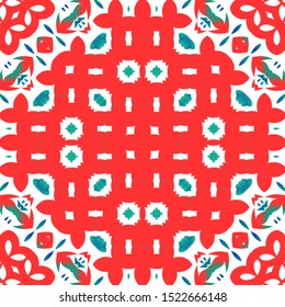 Mexican ornamental talavera ceramic. Vector seamless pattern theme. Graphic design. Red vintage backdrop for wallpaper, web background, towels, print, surface texture, pillows.