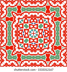 Mexican ornamental talavera ceramic. Vector seamless pattern arabesque. Hand drawn design. Red vintage backdrop for wallpaper, web background, towels, print, surface texture, pillows.