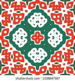 Mexican ornamental talavera ceramic. Vector seamless pattern trellis. Graphic design. Red vintage backdrop for wallpaper, web background, towels, print, surface texture, pillows.