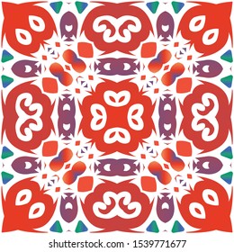 Mexican ornamental talavera ceramic. Vector seamless pattern arabesque. Hand drawn design. Red vintage backdrop for wallpaper, web background, towels, print, surface texture, pillows.