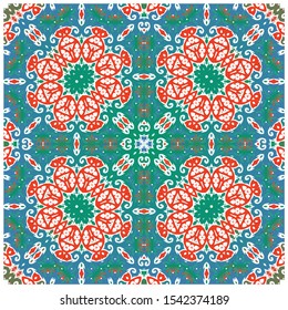 Mexican ornamental talavera ceramic. Vector seamless pattern flyer. Bathroom design. Red vintage backdrop for wallpaper, web background, towels, print, surface texture, pillows.