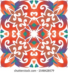 Mexican ornamental talavera ceramic. Vector seamless pattern watercolor. Graphic design. Red vintage backdrop for wallpaper, web background, towels, print, surface texture, pillows.