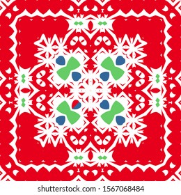 Mexican ornamental talavera ceramic. Vector seamless pattern arabesque. Hand drawn design. Red vintage backdrop for wallpaper, web background, towels, print, surface texture, pillows.