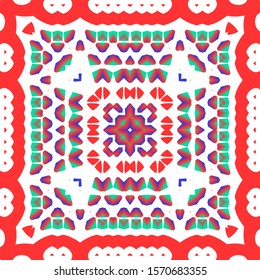 Mexican ornamental talavera ceramic. Vector seamless pattern trellis. Graphic design. Red vintage backdrop for wallpaper, web background, towels, print, surface texture, pillows.