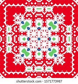 Mexican ornamental talavera ceramic. Vector seamless pattern arabesque. Hand drawn design. Red vintage backdrop for wallpaper, web background, towels, print, surface texture, pillows.