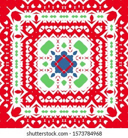 Mexican ornamental talavera ceramic. Vector seamless pattern arabesque. Hand drawn design. Red vintage backdrop for wallpaper, web background, towels, print, surface texture, pillows.