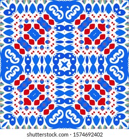 Mexican ornamental talavera ceramic. Vector seamless pattern arabesque. Hand drawn design. Red vintage backdrop for wallpaper, web background, towels, print, surface texture, pillows.