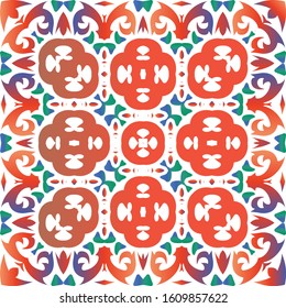 Mexican ornamental talavera ceramic. Vector seamless pattern theme. Geometric design. Red vintage backdrop for wallpaper, web background, towels, print, surface texture, pillows.