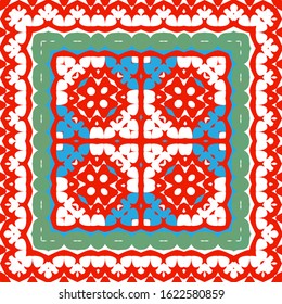 Mexican ornamental talavera ceramic. Vector seamless pattern arabesque. Hand drawn design. Red vintage backdrop for wallpaper, web background, towels, print, surface texture, pillows.