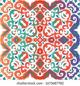 Mexican ornamental talavera ceramic. Vector seamless pattern watercolor. Hand drawn design. Red vintage backdrop for wallpaper, web background, towels, print, surface texture, pillows.