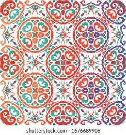 Mexikanische Ziertalavera-Keramik. Vektorillustration nahtlose Muster Wasserfarbe. Universelles Design. Rote Vintage-Hintergrund für Tapeten, Web-Hintergrund, Handtücher, Druck, Oberflächenstruktur, Kissen.
