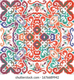 Mexican ornamental talavera ceramic. Vector seamless pattern watercolor. Fashionable design. Red vintage backdrop for wallpaper, web background, towels, print, surface texture, pillows.