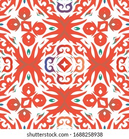 Mexican ornamental talavera ceramic. Vector seamless pattern collage. Bathroom design. Red vintage backdrop for wallpaper, web background, towels, print, surface texture, pillows.