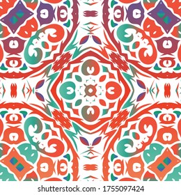 Mexikanische Ziertalavera-Keramik. Vektornahtlose Mustercollage. Farbiges Design. Rote Vintage-Hintergrund für Tapeten, Web-Hintergrund, Handtücher, Druck, Oberflächenstruktur, Kissen.