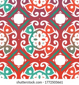 Mexican ornamental talavera ceramic. Vector seamless pattern template. Bathroom design. Red vintage backdrop for wallpaper, web background, towels, print, surface texture, pillows.