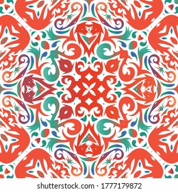Mexican ornamental talavera ceramic. Vector seamless pattern template. Colored design. Red vintage backdrop for wallpaper, web background, towels, print, surface texture, pillows.