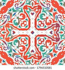 Mexican ornamental talavera ceramic. Vector seamless pattern arabesque. Fashionable design. Red vintage backdrop for wallpaper, web background, towels, print, surface texture, pillows.