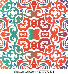 Mexican ornamental talavera ceramic. Vector seamless pattern collage. Colored design. Red vintage backdrop for wallpaper, web background, towels, print, surface texture, pillows.