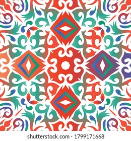 Mexican ornamental talavera ceramic. Vector seamless pattern watercolor. Minimal design. Red vintage backdrop for wallpaper, web background, towels, print, surface texture, pillows.