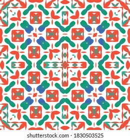 Mexican ornamental talavera ceramic. Vector seamless pattern collage. Stylish design. Red vintage backdrop for wallpaper, web background, towels, print, surface texture, pillows.