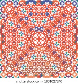 Mexican ornamental talavera ceramic. Vector seamless pattern frame. Universal design. Red vintage backdrop for wallpaper, web background, towels, print, surface texture, pillows.
