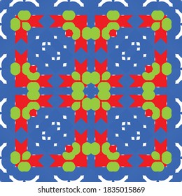 Mexican ornamental talavera ceramic. Vector seamless pattern trellis. Graphic design. Red vintage backdrop for wallpaper, web background, towels, print, surface texture, pillows.