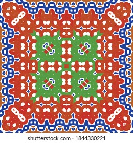 Mexican ornamental talavera ceramic. Vector seamless pattern trellis. Graphic design. Red vintage backdrop for wallpaper, web background, towels, print, surface texture, pillows.