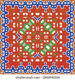 Mexican ornamental talavera ceramic. Vector seamless pattern trellis. Graphic design. Red vintage backdrop for wallpaper, web background, towels, print, surface texture, pillows.