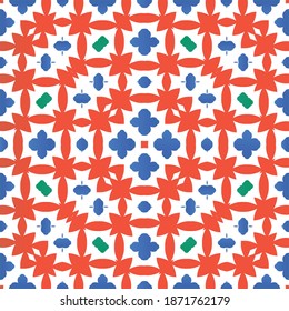 Mexican ornamental talavera ceramic. Vector seamless pattern flyer. Original design. Red vintage backdrop for wallpaper, web background, towels, print, surface texture, pillows.