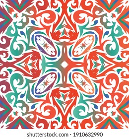 Mexican ornamental talavera ceramic. Vector seamless pattern theme. Geometric design. Red vintage backdrop for wallpaper, web background, towels, print, surface texture, pillows.