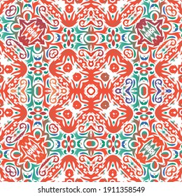 Mexican ornamental talavera ceramic. Vector seamless pattern theme. Hand drawn design. Red vintage backdrop for wallpaper, web background, towels, print, surface texture, pillows.