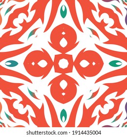 Mexican ornamental talavera ceramic. Vector seamless pattern collage. Minimal design. Red vintage backdrop for wallpaper, web background, towels, print, surface texture, pillows.