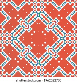 Mexican ornamental talavera ceramic. Vector seamless pattern arabesque. Universal design. Red vintage backdrop for wallpaper, web background, towels, print, surface texture, pillows.