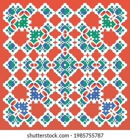 Mexican ornamental talavera ceramic. Vector seamless pattern arabesque. Universal design. Red vintage backdrop for wallpaper, web background, towels, print, surface texture, pillows.