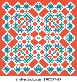 Mexican ornamental talavera ceramic. Vector seamless pattern arabesque. Universal design. Red vintage backdrop for wallpaper, web background, towels, print, surface texture, pillows.