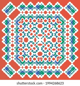 Mexican ornamental talavera ceramic. Vector seamless pattern arabesque. Universal design. Red vintage backdrop for wallpaper, web background, towels, print, surface texture, pillows.