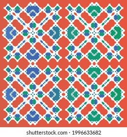 Mexican ornamental talavera ceramic. Vector seamless pattern arabesque. Universal design. Red vintage backdrop for wallpaper, web background, towels, print, surface texture, pillows.
