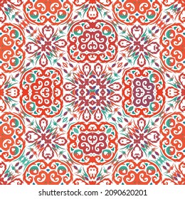 Mexican ornamental talavera ceramic. Vector seamless pattern illustration. Geometric design. Red vintage backdrop for wallpaper, web background, towels, print, surface texture, pillows.