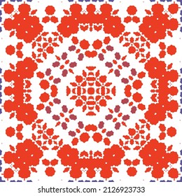 Mexican ornamental talavera ceramic. Vector seamless pattern frame. Bathroom design. Red vintage backdrop for wallpaper, web background, towels, print, surface texture, pillows.