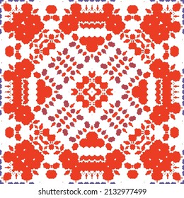 Mexican ornamental talavera ceramic. Vector seamless pattern frame. Bathroom design. Red vintage backdrop for wallpaper, web background, towels, print, surface texture, pillows.