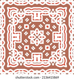 Mexican ornamental talavera ceramic. Vector seamless pattern frame. Bathroom design. Red vintage backdrop for wallpaper, web background, towels, print, surface texture, pillows.