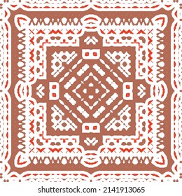 Mexican ornamental talavera ceramic. Vector seamless pattern frame. Bathroom design. Red vintage backdrop for wallpaper, web background, towels, print, surface texture, pillows.