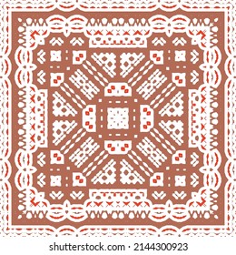 Mexican ornamental talavera ceramic. Vector seamless pattern frame. Bathroom design. Red vintage backdrop for wallpaper, web background, towels, print, surface texture, pillows.