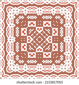 Mexican ornamental talavera ceramic. Vector seamless pattern frame. Bathroom design. Red vintage backdrop for wallpaper, web background, towels, print, surface texture, pillows.